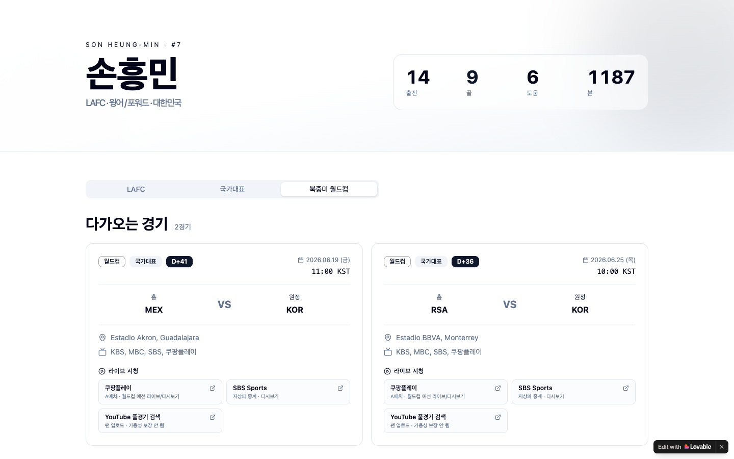 Son Heung-min Match Center project screen